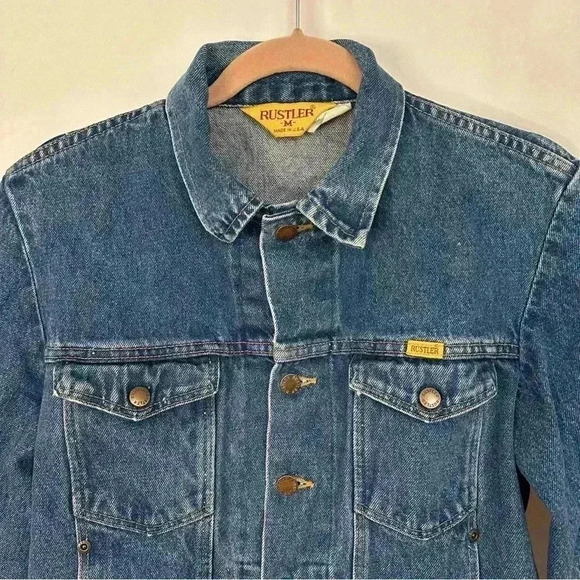 Vintage Rustler Jacket Medium Wash Boxy Crop Denim Trucker Jean Womens Medium - Picture 2 of 13